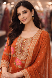 Rust Orange Chinon Floral Embroidered Straight Suit Set with Dupatta